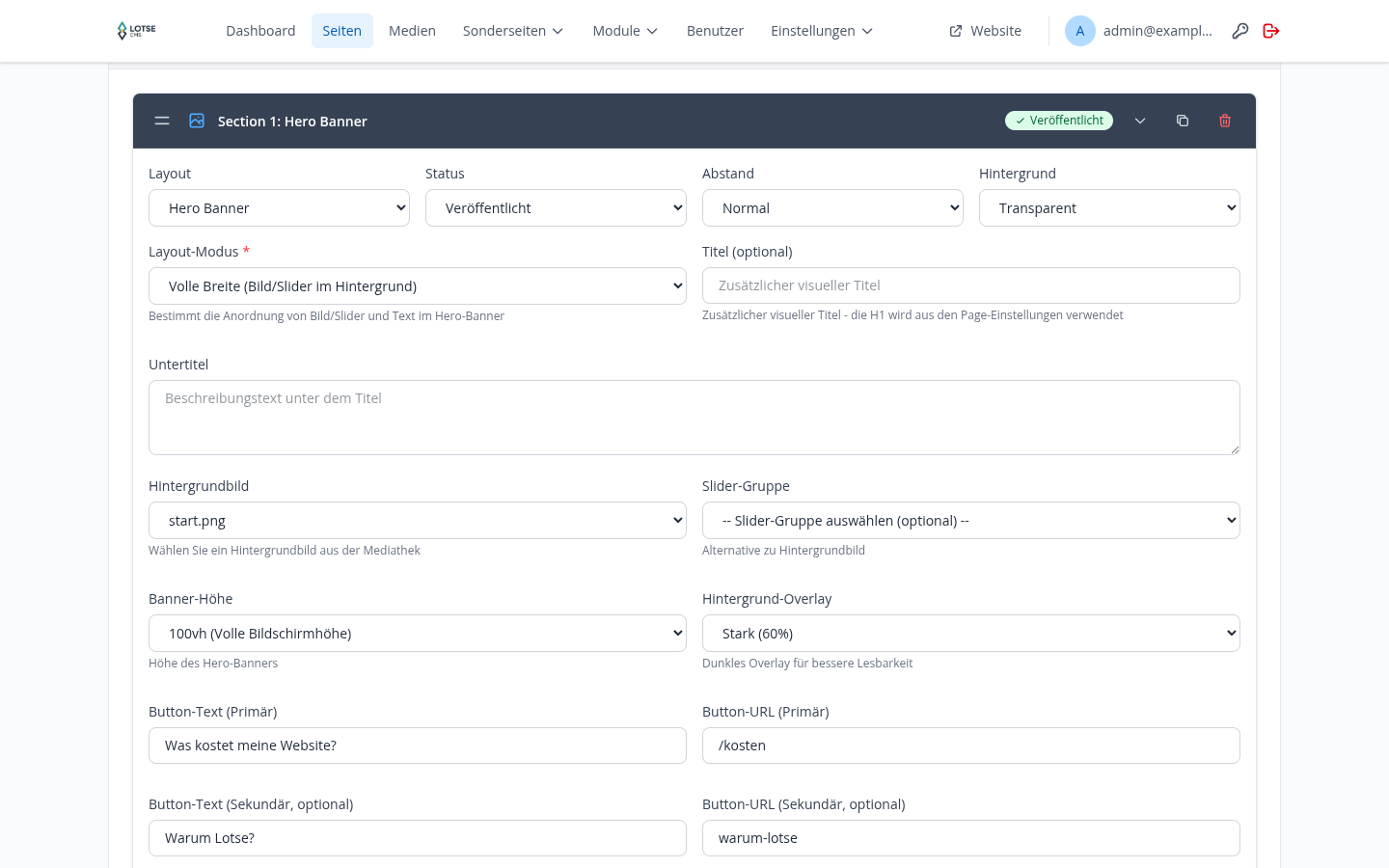 Sektionsliste im Seiteneditor